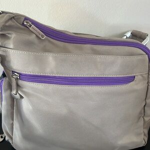 Travelon Anti Theft Crossbody Nylon gray with purple detail